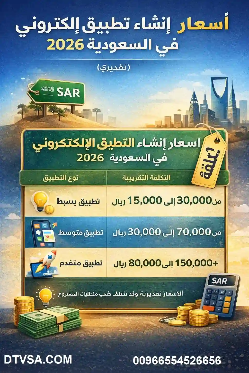 إنفوجرافيك يوضح تكاليف انشاء تطبيق الكتروني في السعودية - شركة DTV